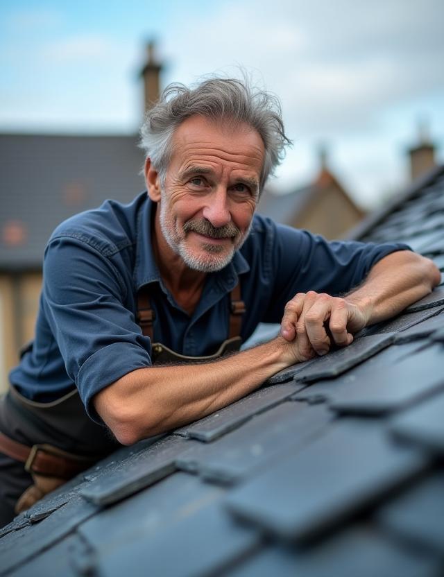 Jean-Luc Fontaine working on a slate roof