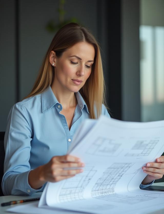 Sarah Thompson reviewing blueprints